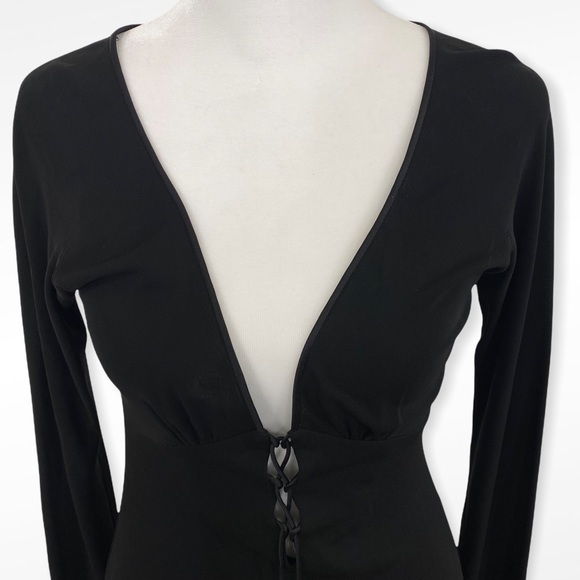 VTG Kenth Andersson Black Deep V Tie Front Long Sleeve Fitted Maxi Dress - Picture 4 of 9